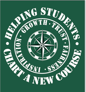 JC Montgomery Logo: Helping students chart a new course - growth, trust, fairness, inspiration